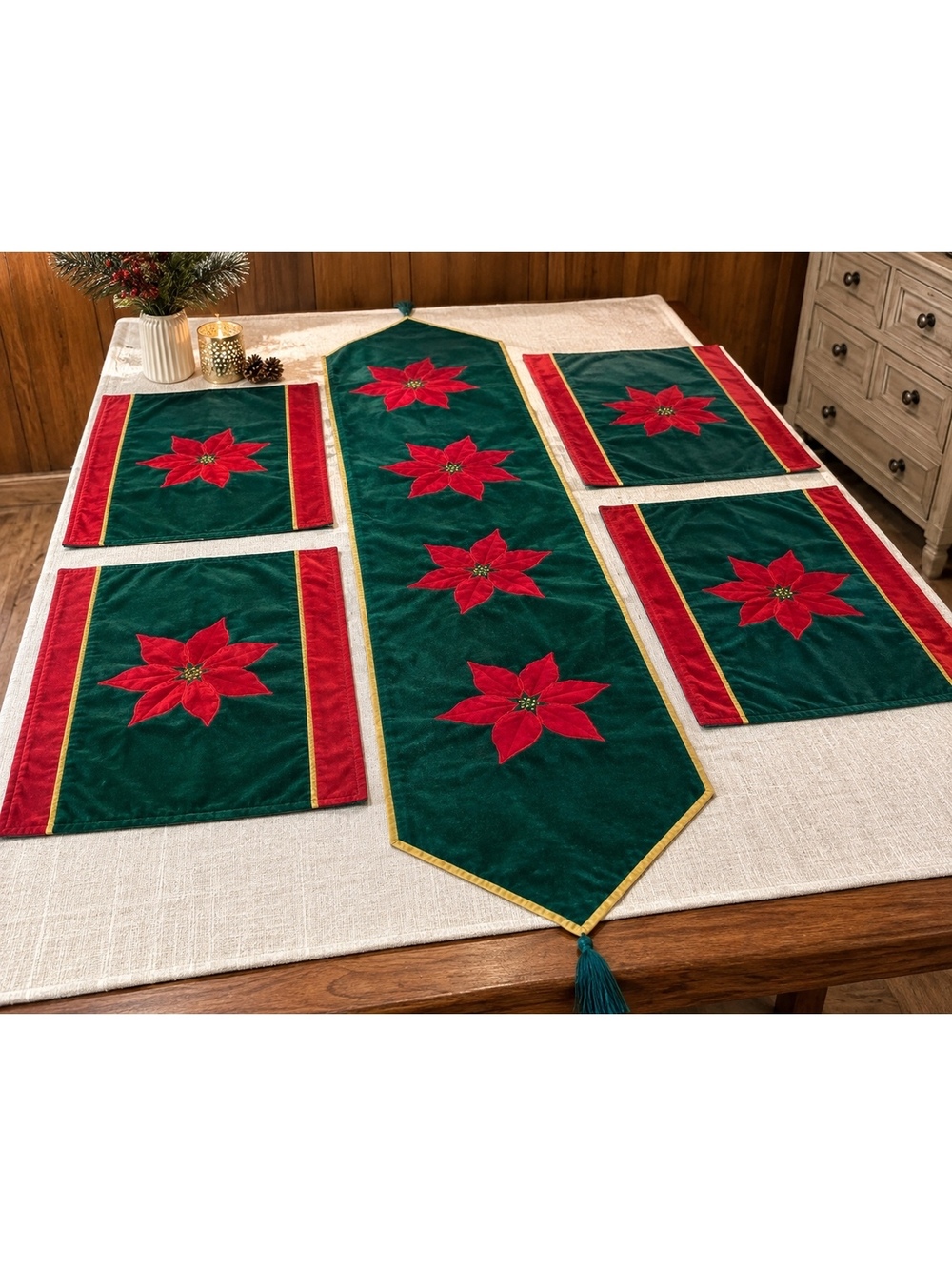 Vintage Christmas Poinsettia Placemats and Table Runner Set Green Red Velvet